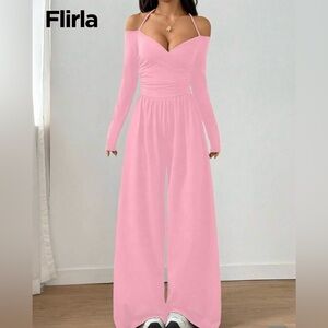 SHEIN Pink Off-Shoulder Jumpsuit with Halter Tie